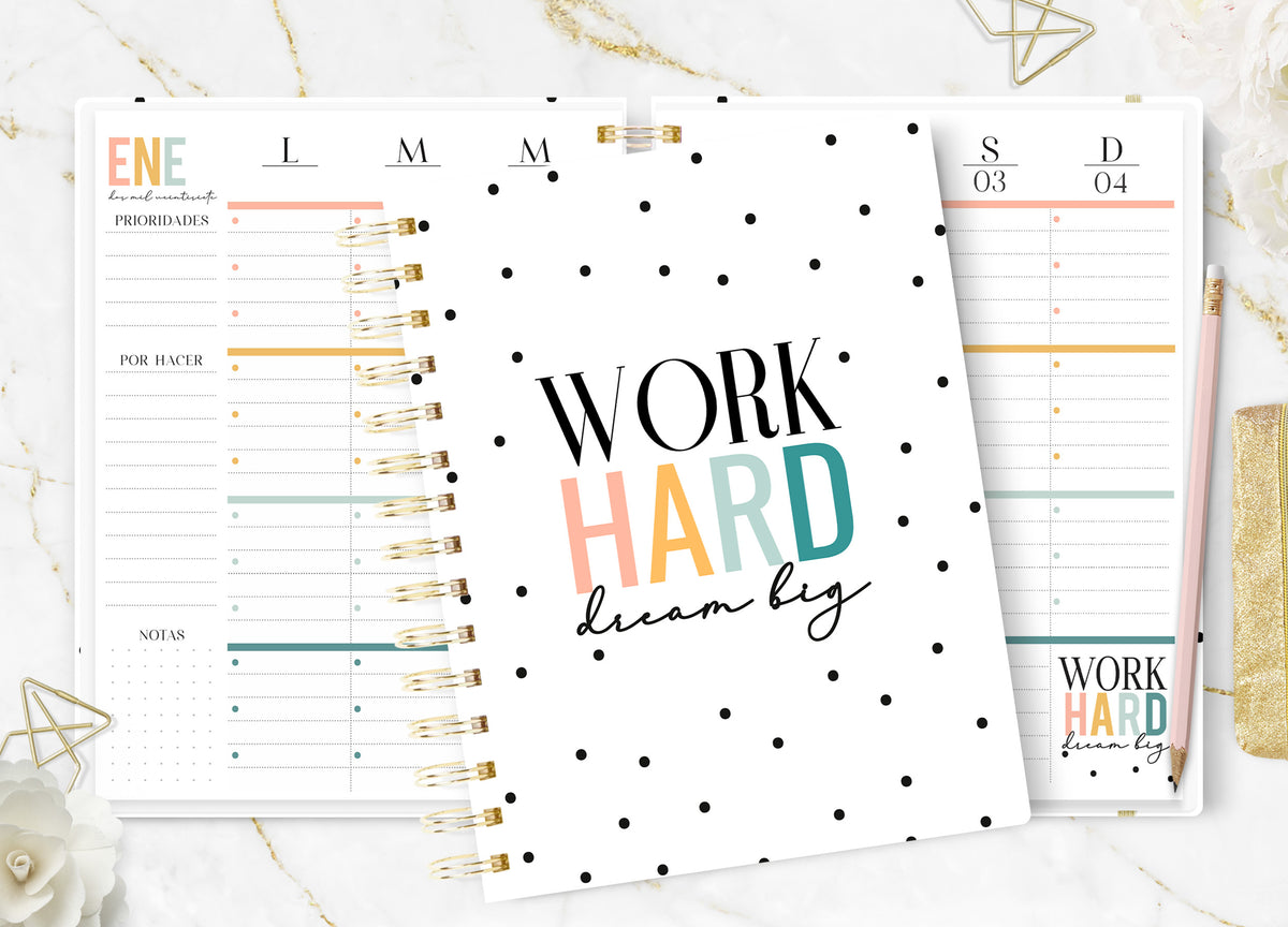 Agenda 2027 Work Hard Dream Big portada con lunares y anillado dorado