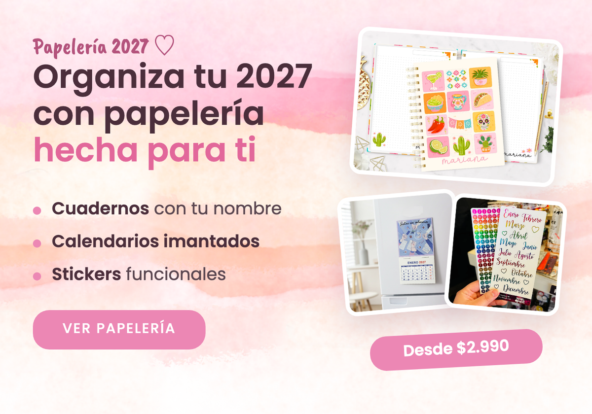 Papelería 2027: cuadernos, calendarios imantados y stickers - banner celular