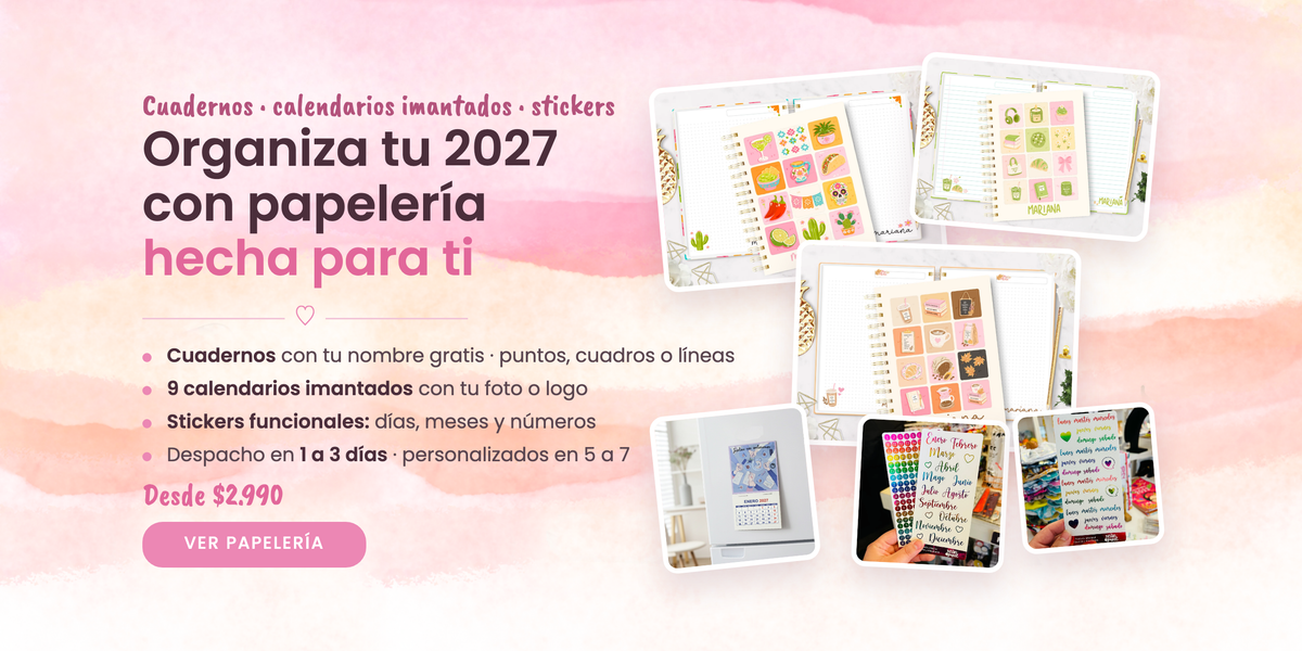 Papelería 2027: cuadernos, calendarios imantados y stickers - banner escritorio
