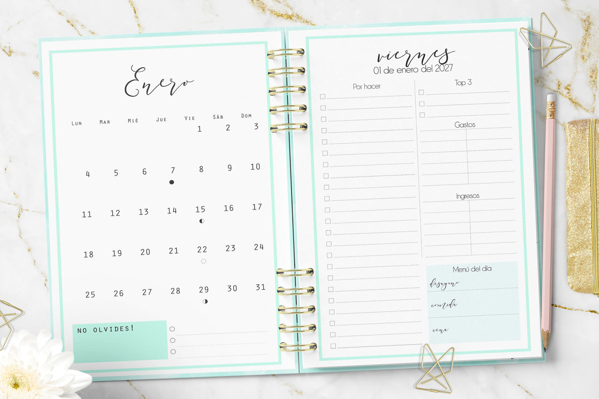 Agenda 2027 Minimalist Mint Planner Diaria