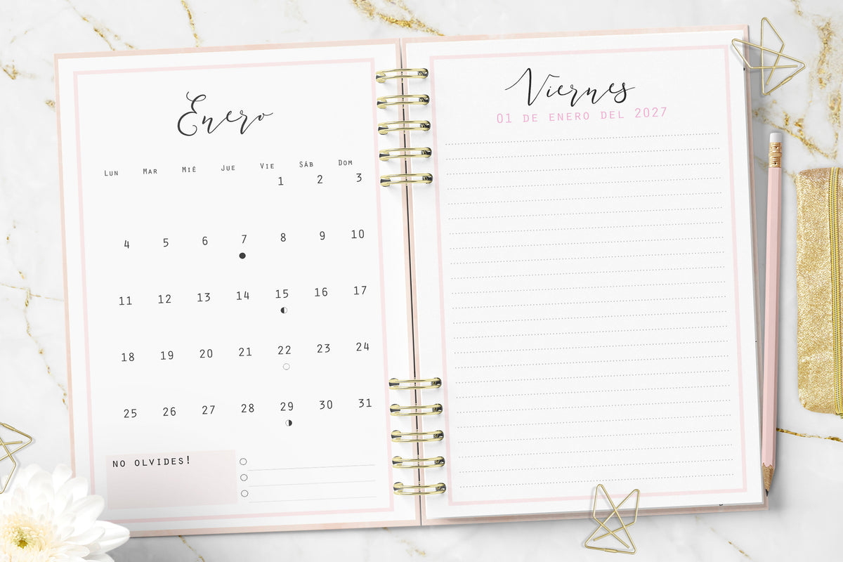 Agenda 2027 Minimalist Pink Diaria Rayada