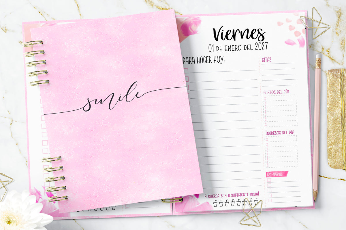 Agenda 2027 Pink Watercolor Smile Diaria