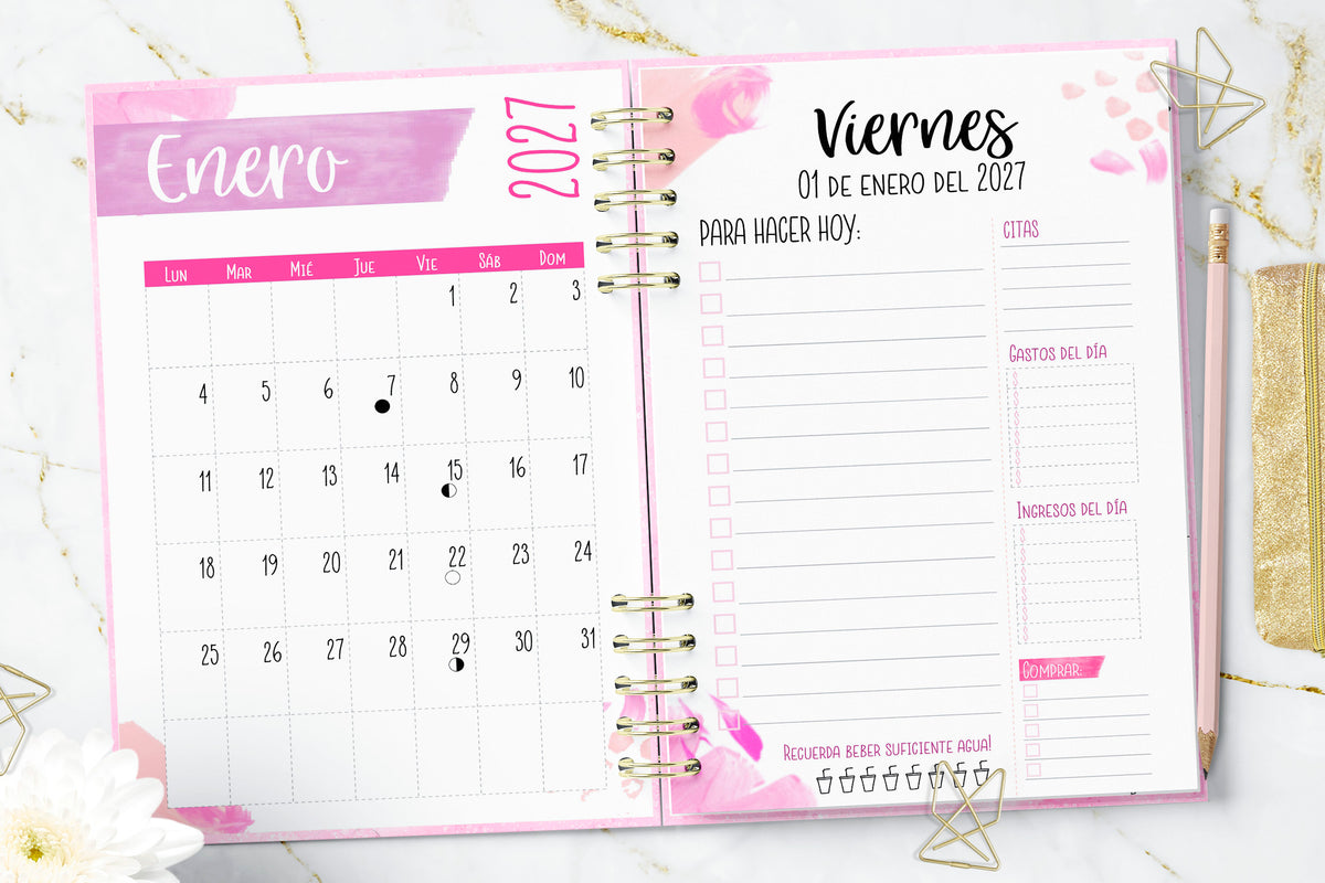 Agenda 2027 Pink Watercolor Smile Diaria